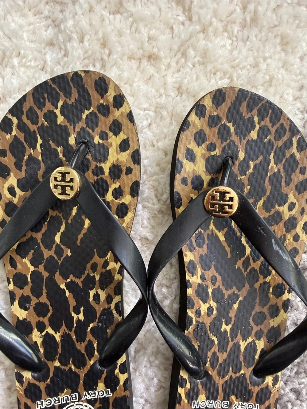 Tory Burch Leopard Print Flip Flops with Black Straps and Gold Logo